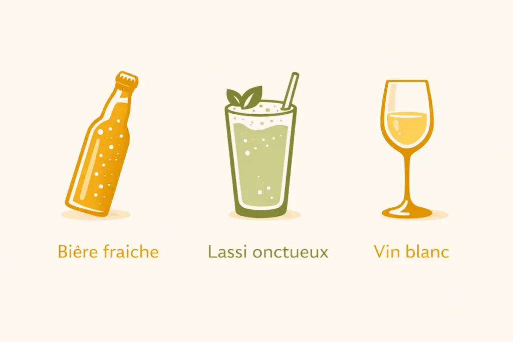 Infographie montrant une bière blonde, un verre de lassi et un verre de vin blanc associés à des plats épicés.