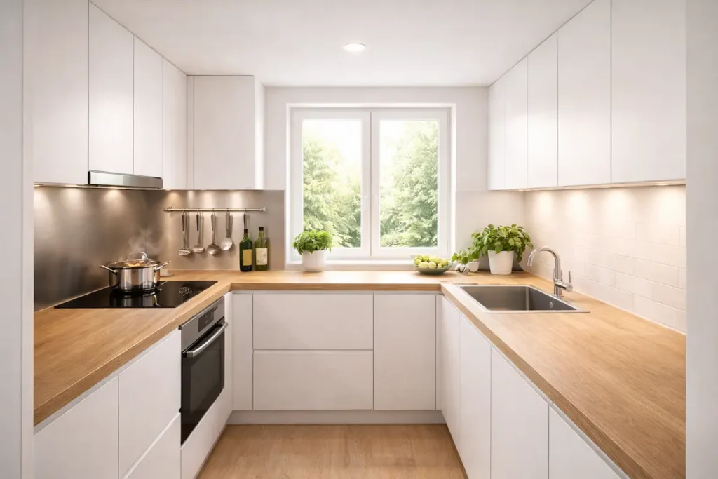 Vue d'ensemble d'une petite cuisine parfaitement aménagée, lumineuse et design, illustrant l'optimisation intelligente de l'espace. aménagement pour petite cuisine 