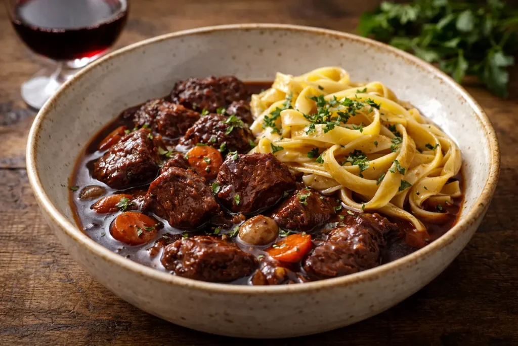 Assiette creuse dressée avec du civet de sanglier fumant, une sauce onctueuse nappante, accompagné de tagliatelles fraîches et parsemé de persil haché.