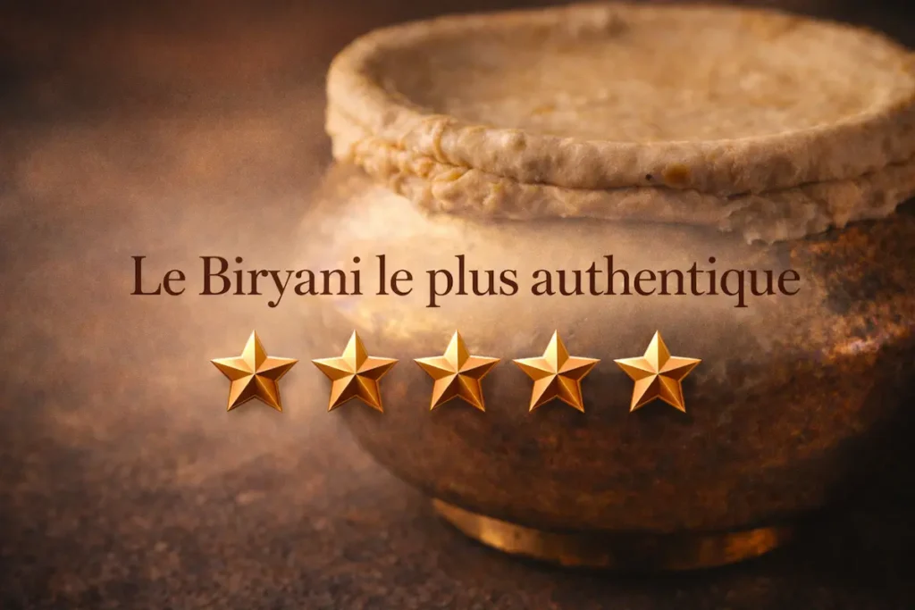 Interface de recommandation visuelle mettant en avant la qualité du Biryani avec une note de 5 étoiles.