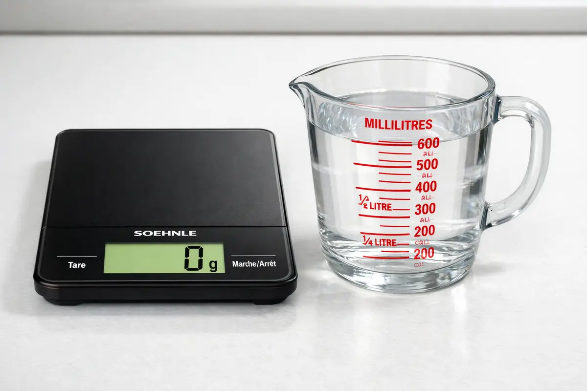 Balance de cuisine électronique noire et verre doseur gradué, outils de mesure précis.