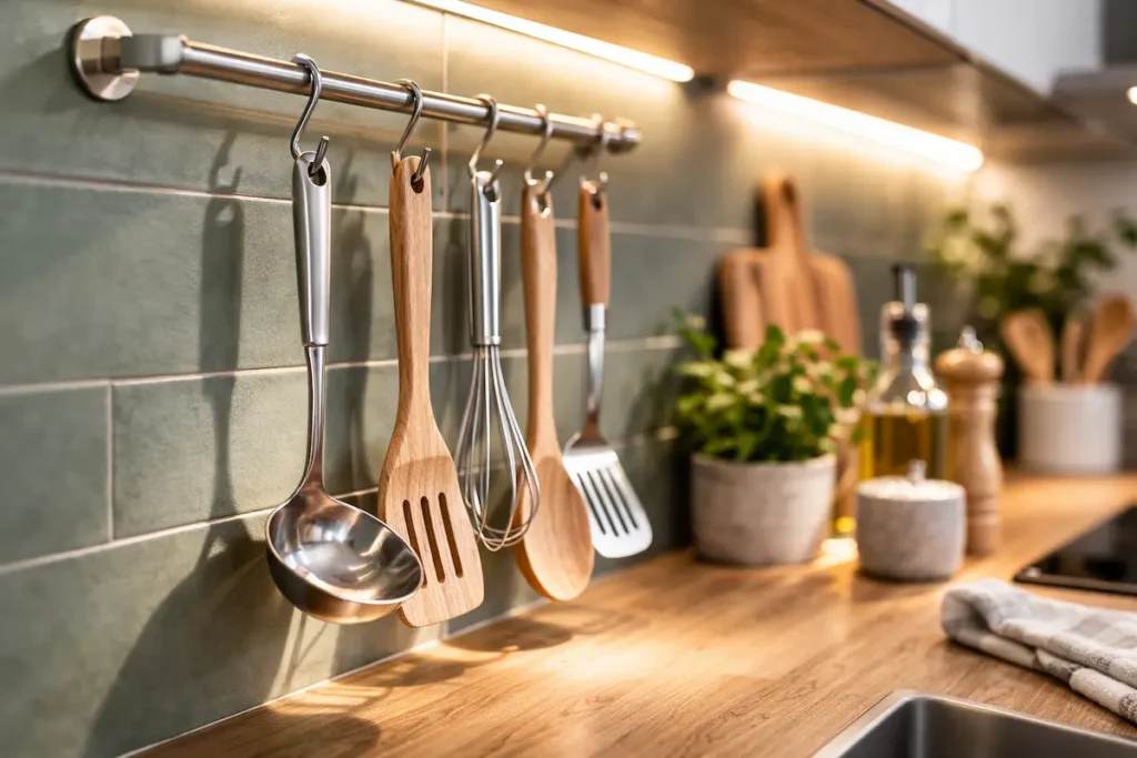 Barre de crédence métallique fixée au mur avec des ustensiles de cuisine suspendus par des crochets.