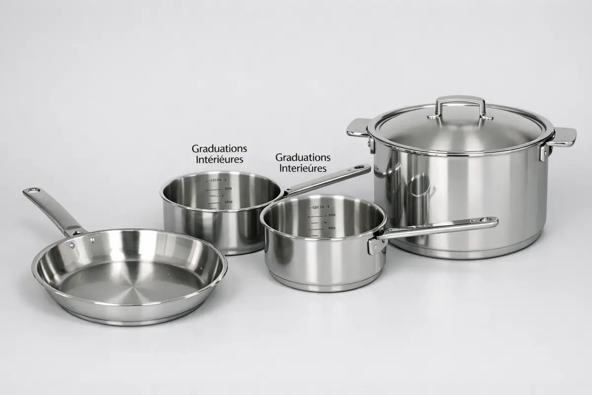 Batterie de cuisine de base en inox : poêles, casseroles et faitout sur fond neutre.