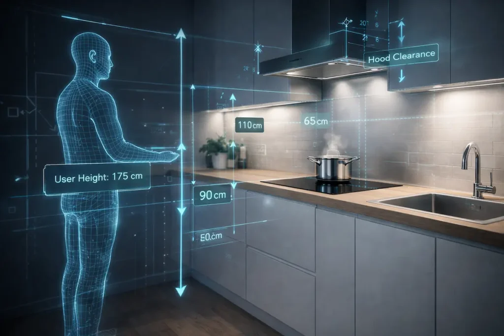 Interface high-tech d'un calculateur de dimensions idéales pour votre cuisine, affichant les hauteurs ergonomiques du plan de travail avec des lignes holographiques bleues.