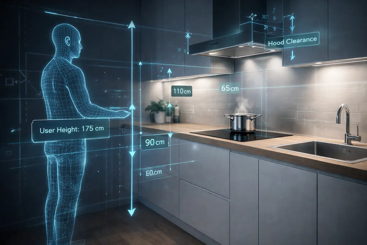 Interface high-tech d'un calculateur de dimensions idéales pour votre cuisine, affichant les hauteurs ergonomiques du plan de travail avec des lignes holographiques bleues.