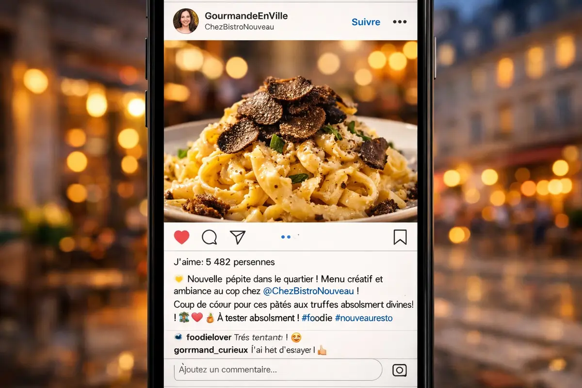 Capture d'écran d'un post Instagram d'un influenceur culinaire local présentant un nouveau restaurant tendance.