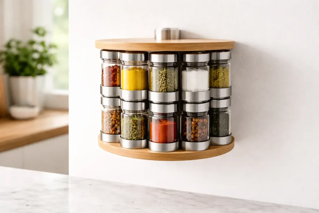 Carrousel rotatif rempli de pots d'épices, fixé au mur de la cuisine.