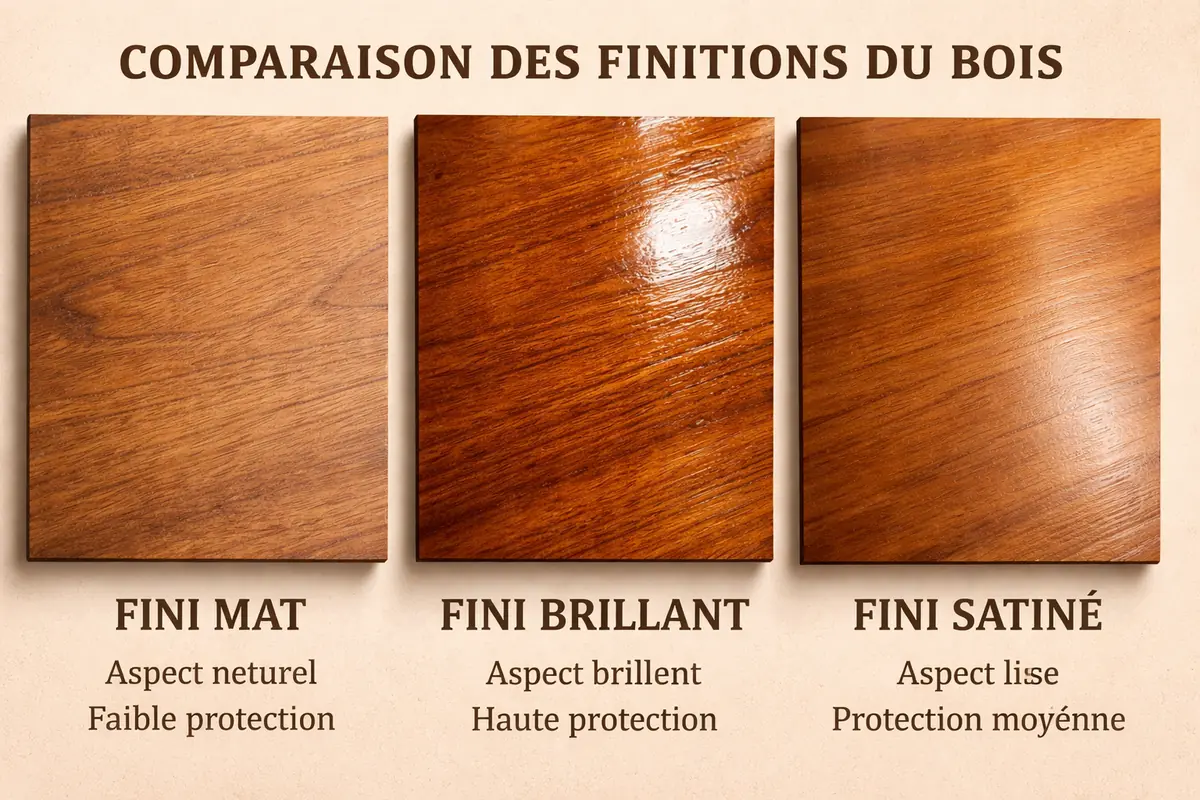 Comparaison visuelle des différentes finitions pour le bois en cuisine : mat, brillant, satiné, montrant l'impact sur l'apparence et la protection.