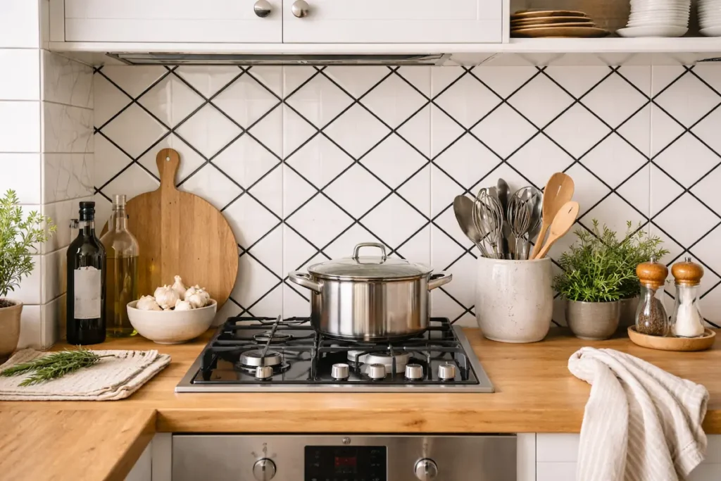 Focus sur une crédence à motifs graphiques noirs et blancs dans une cuisine en bois.