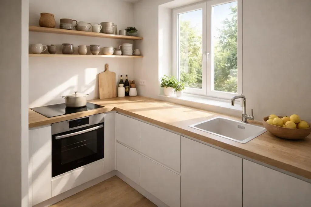 Cuisine scandinave épurée combinant bois clair de bouleau et façades blanches mates, décorée de plantes vertes.