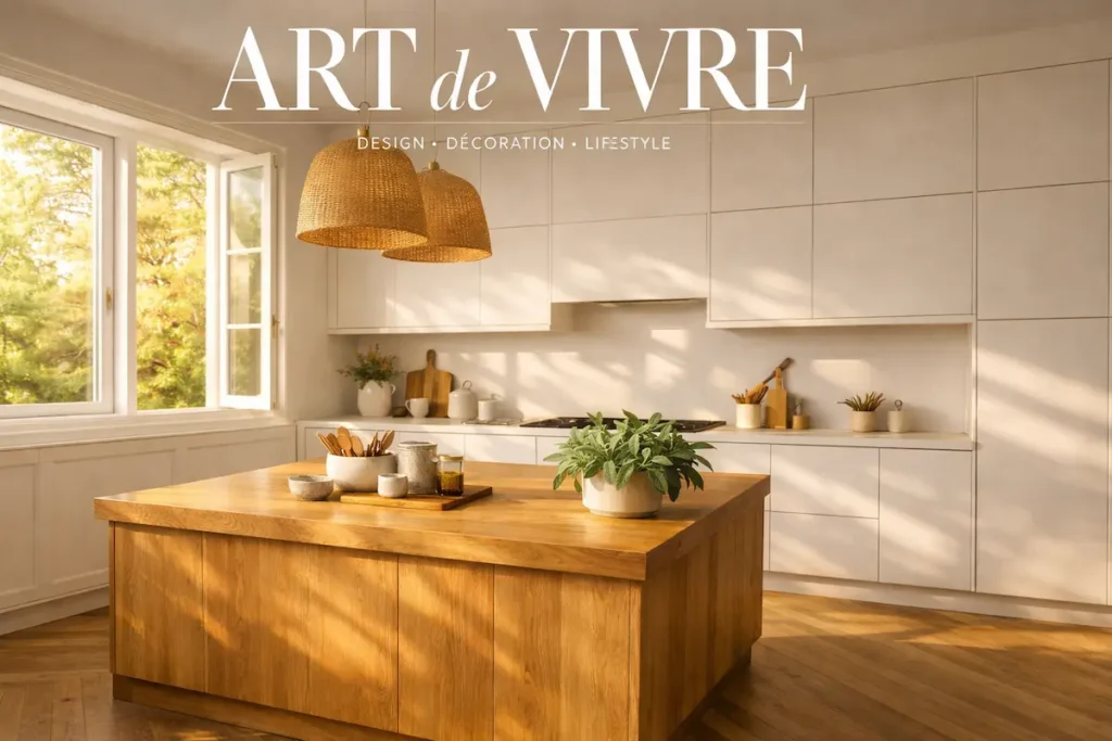 Cuisine de rêve associant blanc éclatant et bois naturel avec une lumière matinale magnifique.