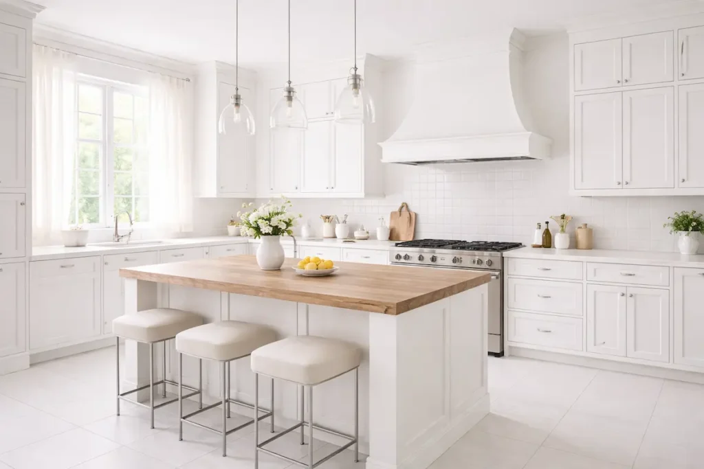 Grande cuisine majoritairement blanche avec un îlot et des accessoires en bois pour réchauffer l'espace.