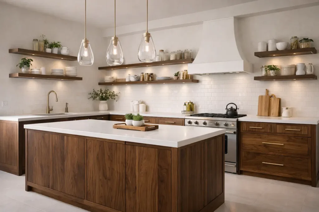 Cuisine avec meubles bas et sol en bois sombre, équilibrée par des plans de travail et murs blancs.