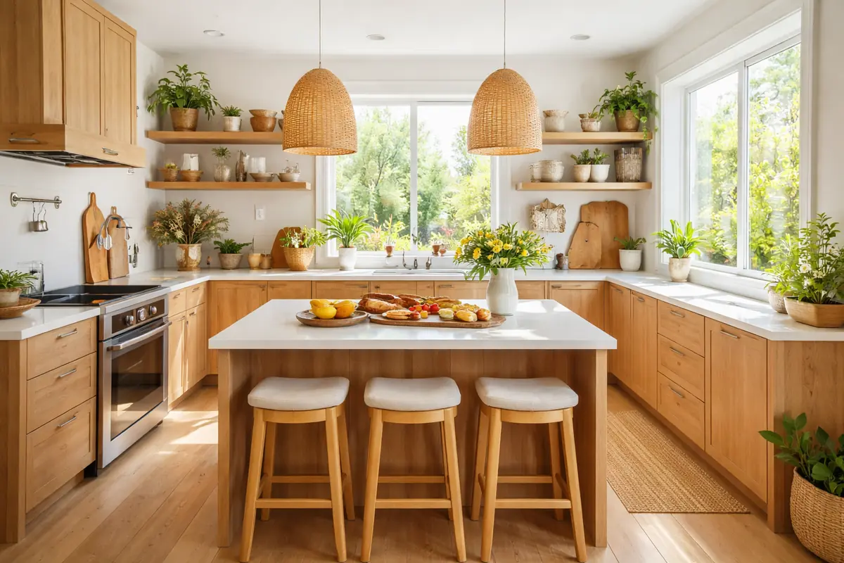 Élégante cuisine bois moderne, ambiance chaleureuse et design contemporain.