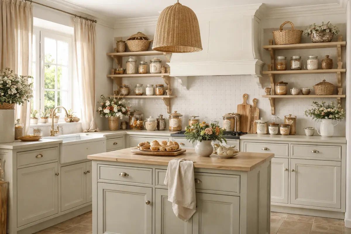 Cuisine campagne chic avec meubles en bois peint, étagères ouvertes, crédence en zellige et détails raffinés.