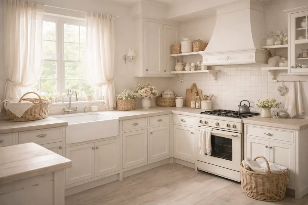 Cuisine campagne chic aux meubles blancs moulurés, plan de travail en bois tendre et paniers en osier.