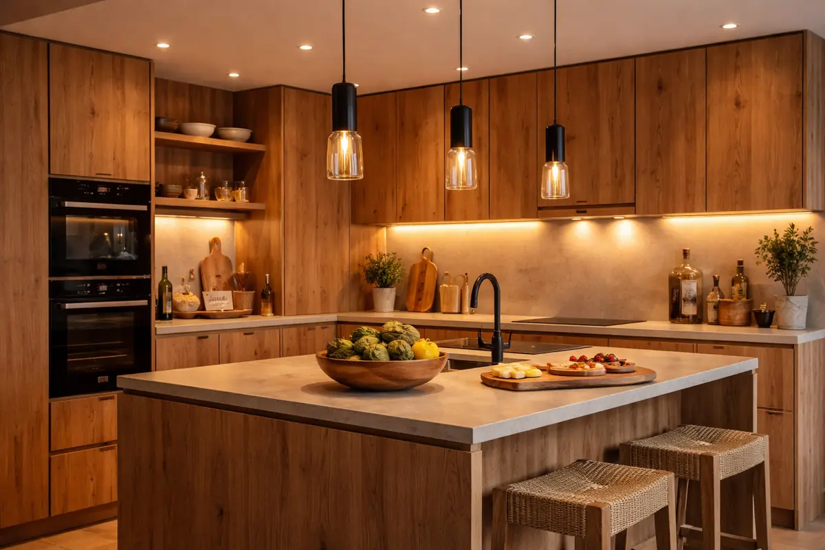 Cuisine en bois avec éclairage varié : spots, suspensions et LED, mettant en valeur les textures et les couleurs du bois.