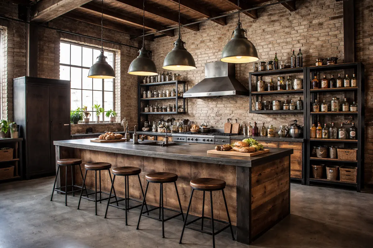 Cuisine industrielle avec bois brut, structures métalliques apparentes et éclairage suspendu de style vintage.