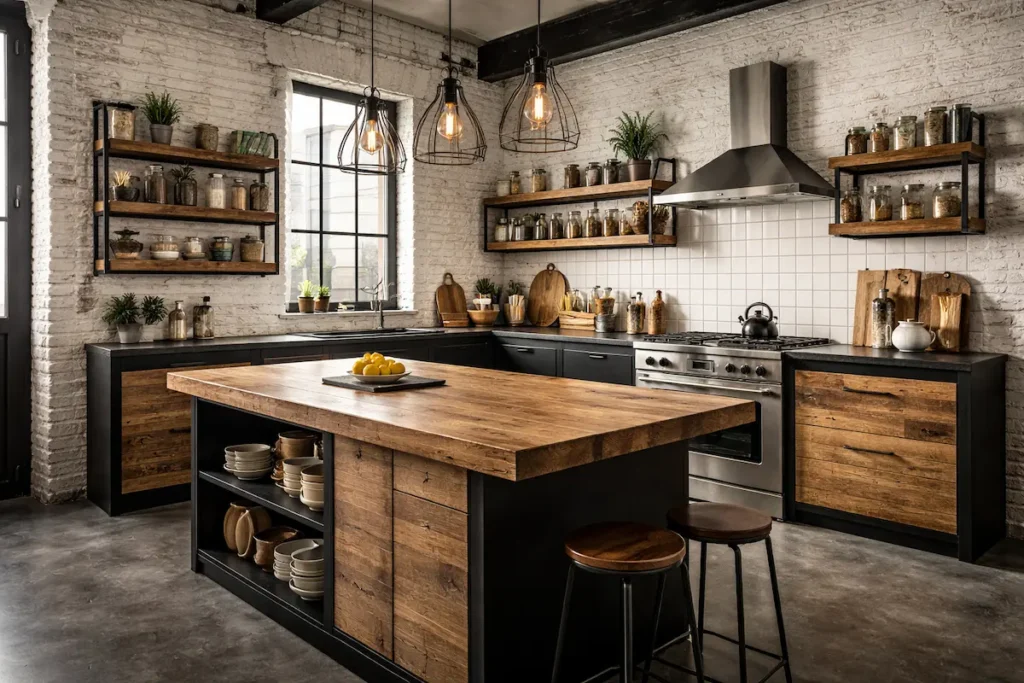 Cuisine esprit loft avec étagères en métal noir, plan de travail en bois brut et crédence blanche.