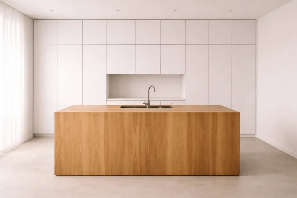 Cuisine ultra-moderne où tout l'électroménager est caché derrière des panneaux blancs et bois.