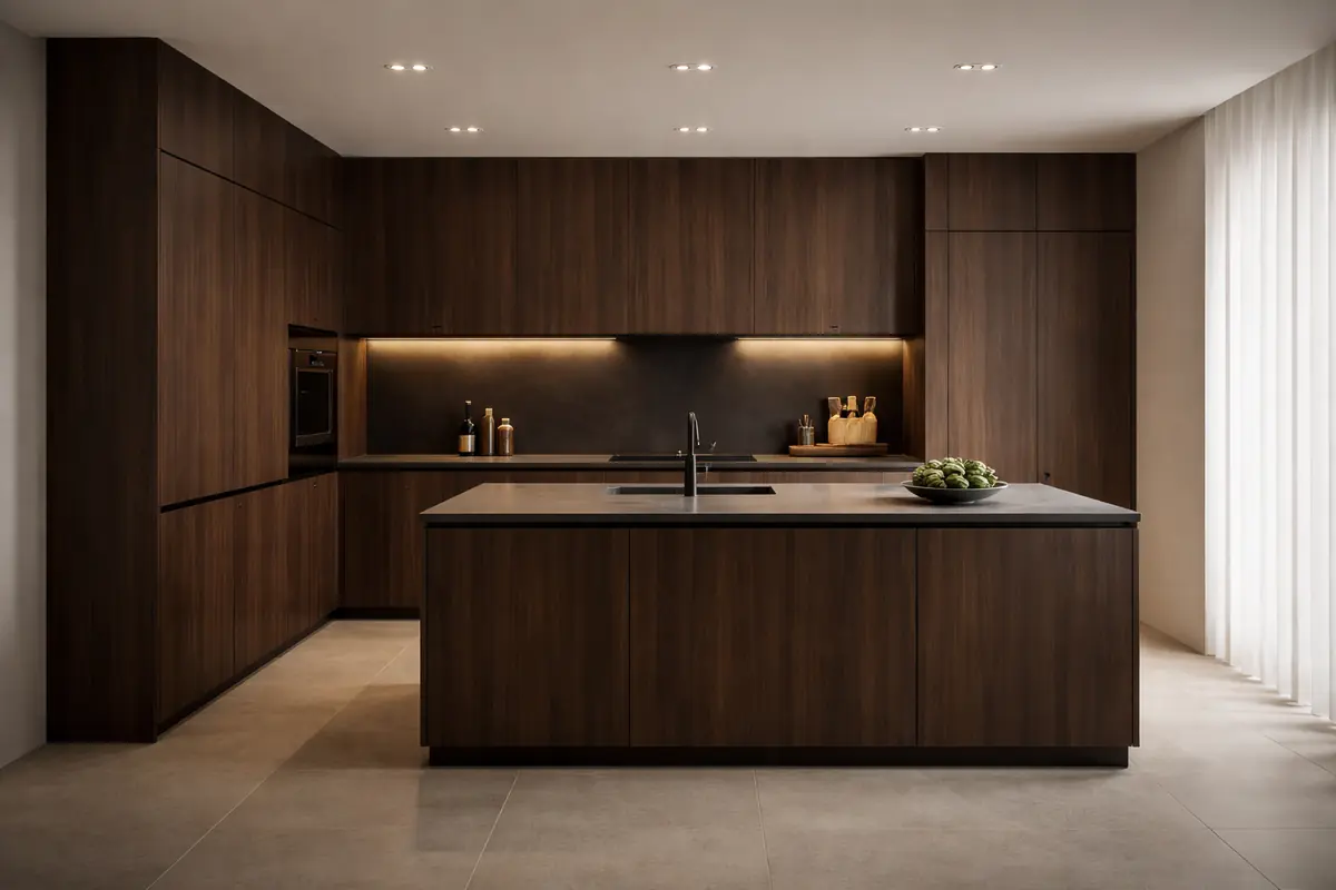 Cuisine minimaliste en bois foncé avec façades lisses, îlot central épuré et éclairage discret.
