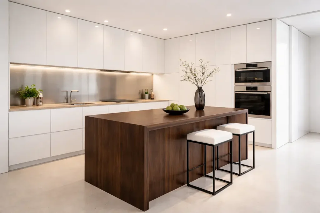 Cuisine moderne avec îlot central en noyer et meubles hauts blancs laqués brillants pour un effet miroir.