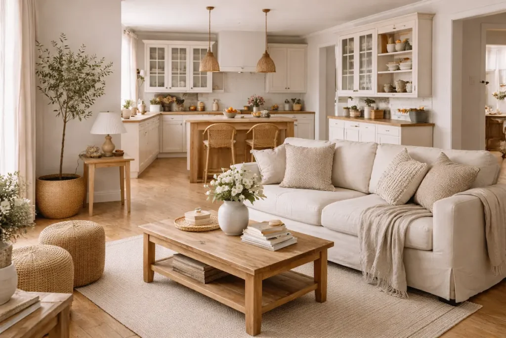 Vue d'ensemble d'une cuisine blanche et bois s'intégrant parfaitement dans un salon moderne.