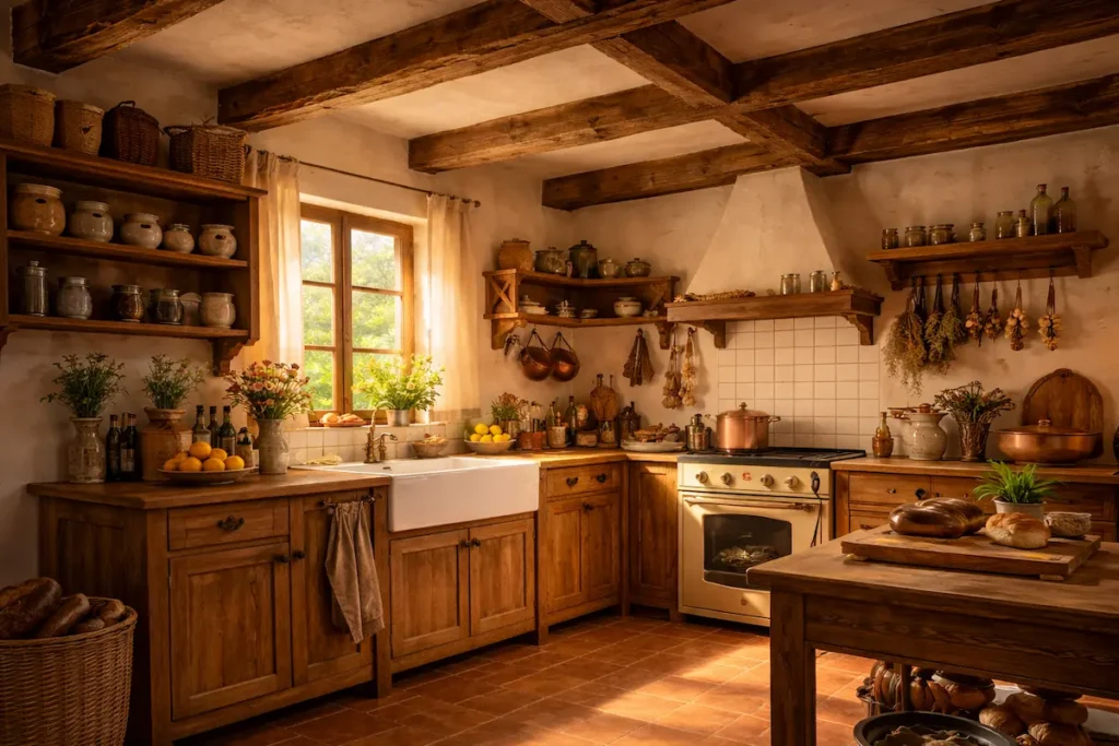 Cuisine rustique avec poutres en bois massif apparentes, meubles en chêne patiné et murs blancs texturés.