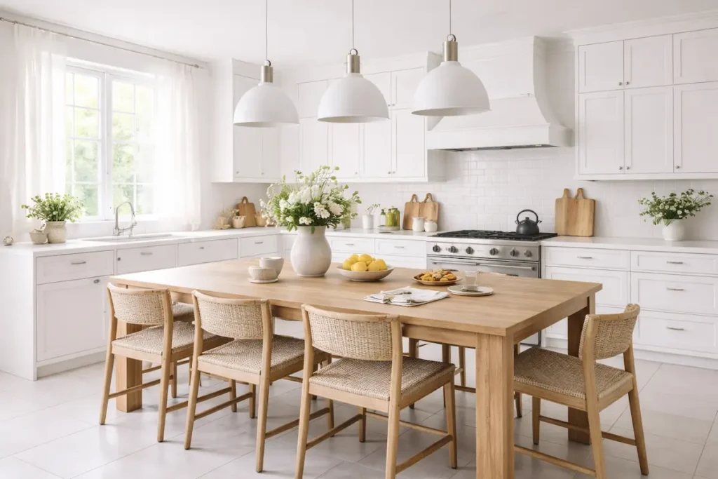 Cuisine blanche minimaliste avec un grand îlot en bouleau clair et luminaires suspendus.