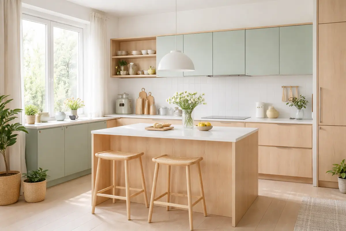 Cuisine scandinave lumineuse avec bois clair, design épuré et accents pastel discrets.