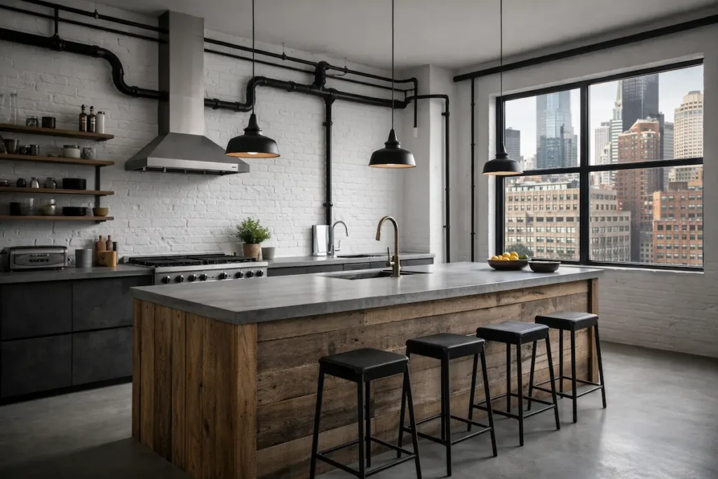 Cuisine industrielle avec îlot en bois de récup, sol en béton et murs blancs immaculés.