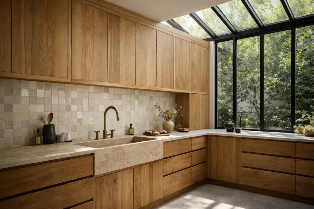 Cuisine industrielle avec îlot en bois de récup, sol en béton et murs blancs immaculés.