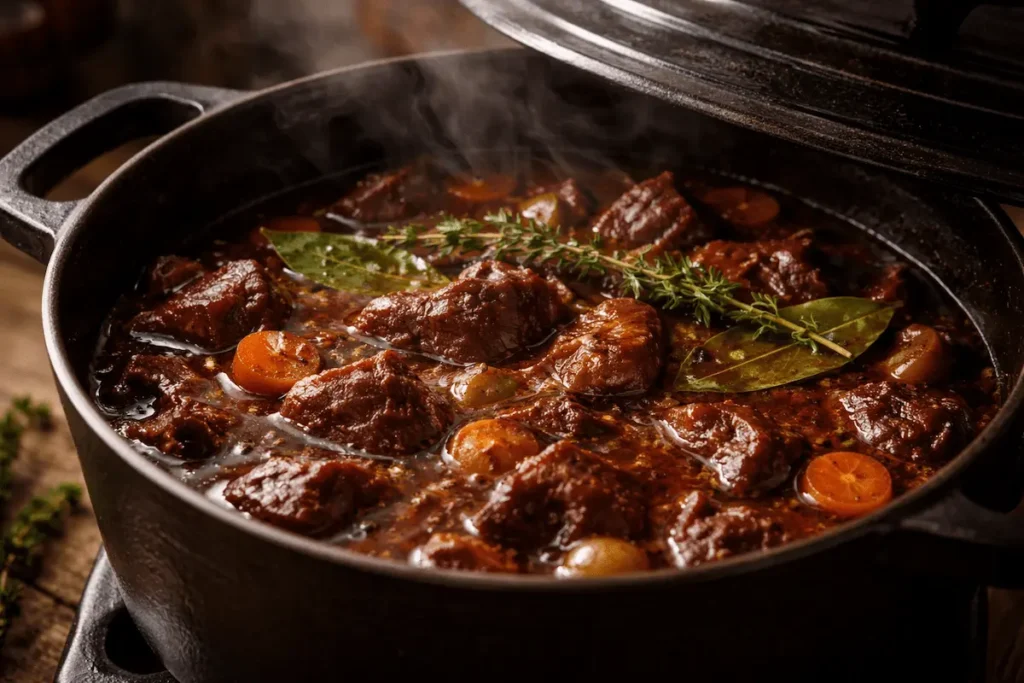 Civet de sanglier mijotant doucement dans une cocotte en fonte noire avec une sauce rouge foncé onctueuse et des aromates