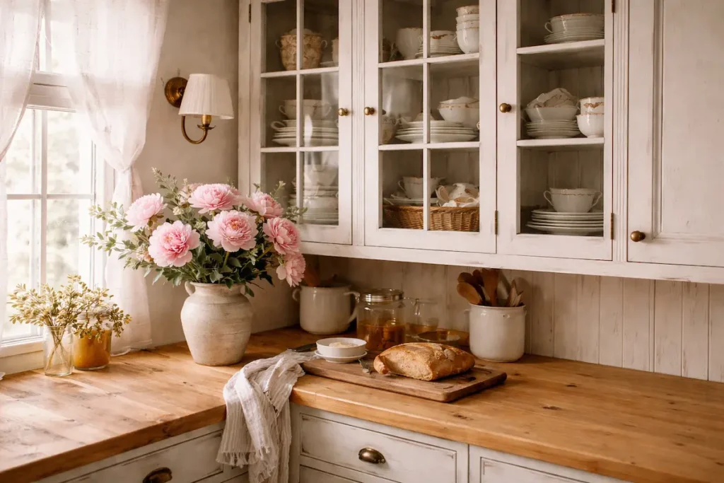 Détail d'une cuisine campagne chic avec bois patiné, vaisselle exposée et fleurs de saison.