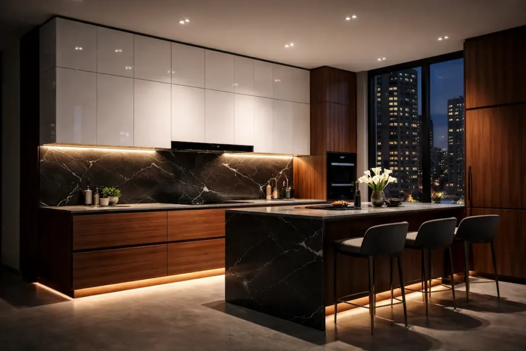 Rendu design d'une cuisine mélangeant noyer sombre et façades blanches laquées pour un effet chic.