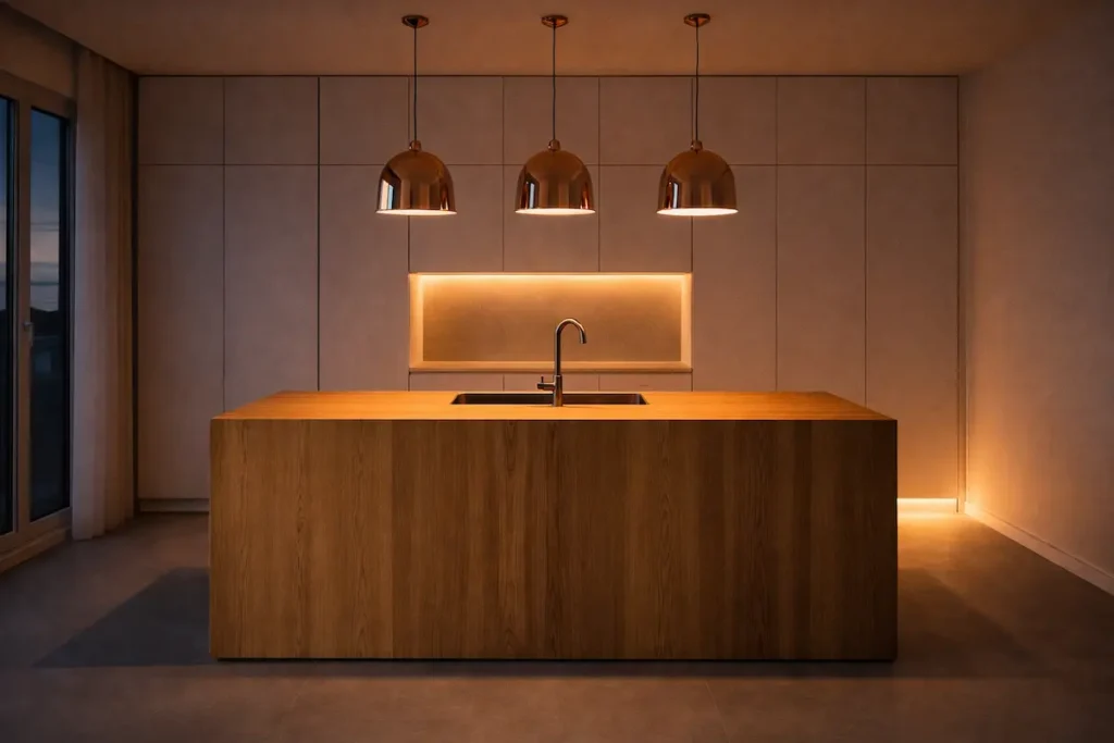 Cuisine blanche et bois mise en valeur par des suspensions en cuivre et des rubans LED.