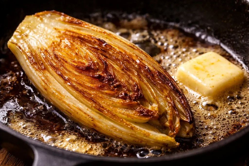 Deux moitiés d'endives saisies à la poêle, face caramélisée de couleur miel profond.
