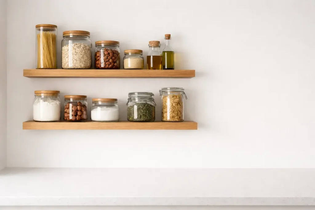 Étagères murales courtes en bois clair fixées au-dessus d'un plan de travail de cuisine dégagé.