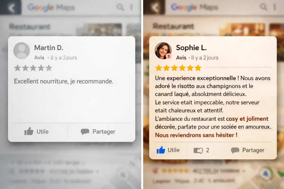 Exemple comparatif de faux avis génériques et d'avis authentiques et détaillés sur Google Maps pour un restaurant.