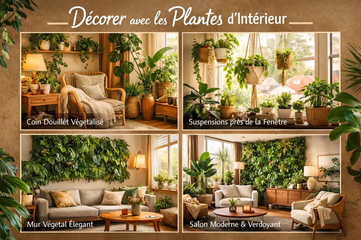 Galerie de photos présentant différentes idées de décoration avec des plantes d'appartement : coins de verdure, plantes suspendues, murs végétaux.