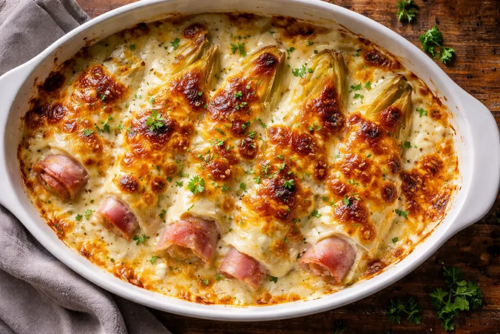 Plat à gratin en céramique contenant des endives au jambon, recouvert d'une béchamel gratinée aux reflets ambrés.