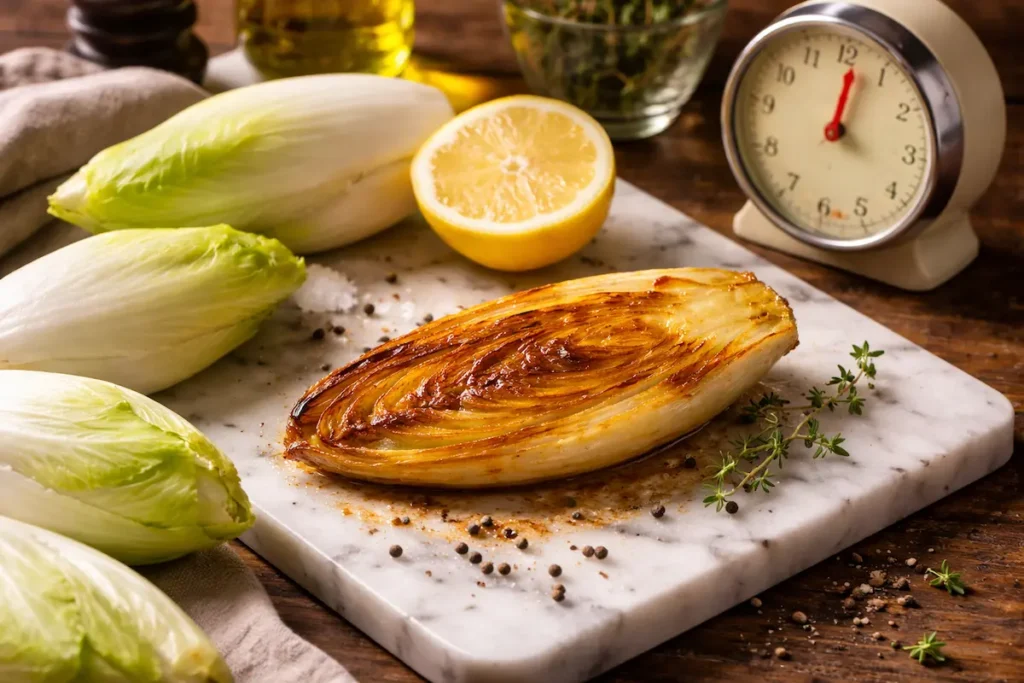 Composition culinaire artistique présentant des endives fraîches, un citron coupé et une poêle fumante, illustrant la maîtrise du temps de cuisson.endives temps de cuisson