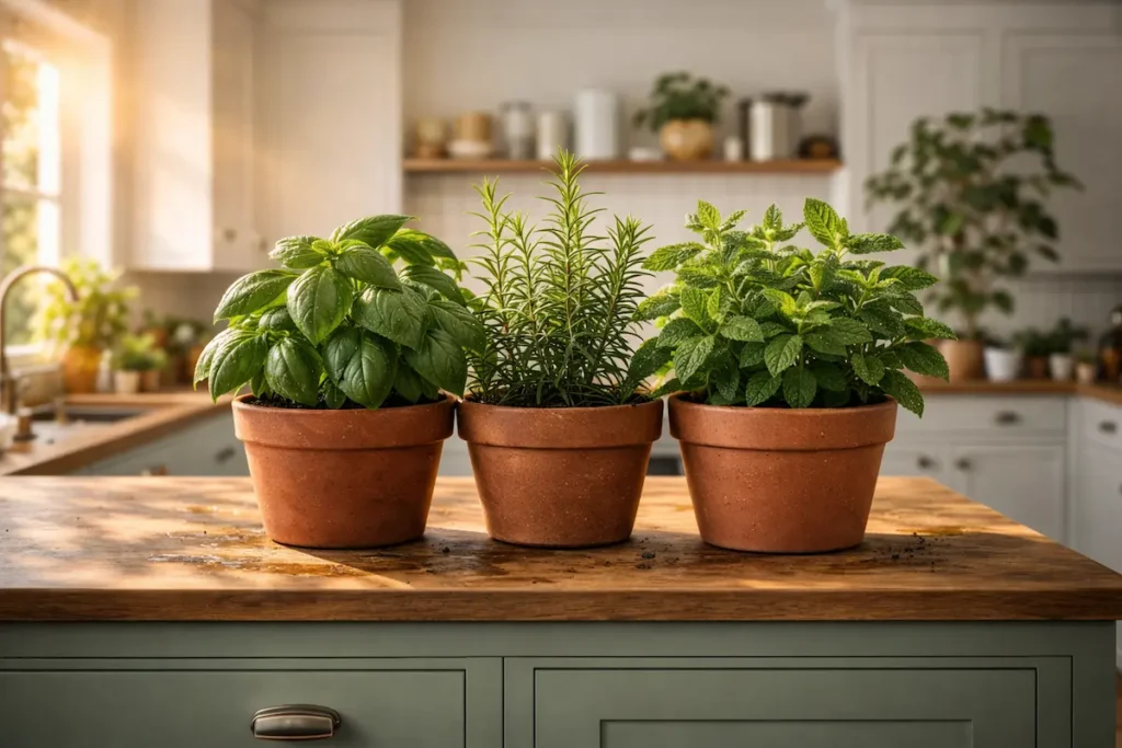 Plante dans la Cuisine moderne et chaleureuse décorée d'une abondance de plantes aromatiques et décoratives, ambiance oasis verdoyante.