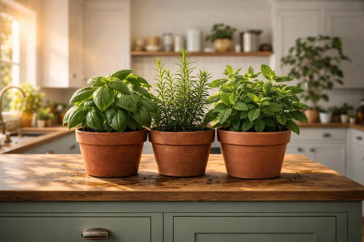 Plante dans la Cuisine moderne et chaleureuse décorée d'une abondance de plantes aromatiques et décoratives, ambiance oasis verdoyante.