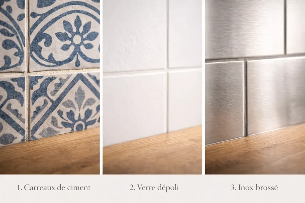 Montage de trois types de crédences : carreaux de ciment, verre dépoli et inox brossé.