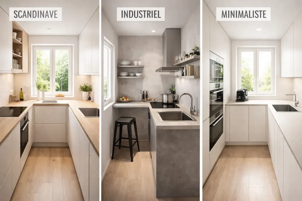 Trois petites cuisines aménagées illustrant les styles scandinave, industriel et moderne minimaliste.