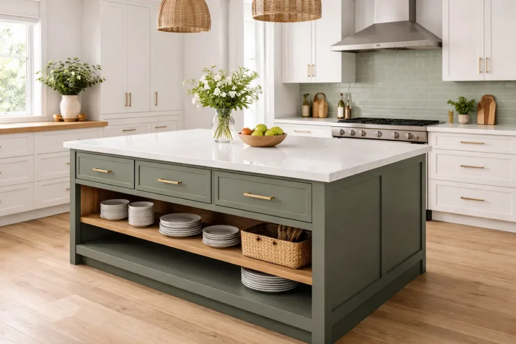 Îlot central de cuisine en bois avec de grands tiroirs de rangement et des étagères ouvertes intégrés.