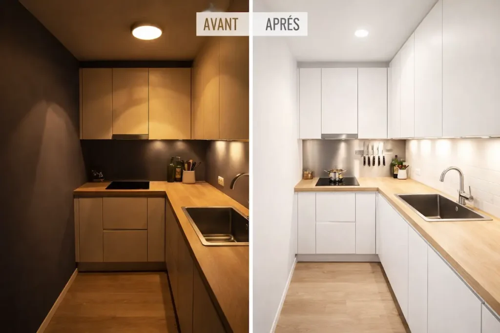 Montage photo montrant la même petite cuisine : à gauche sombre et oppressante, à droite lumineuse et aérée grâce à la peinture claire et l'éclairage LED.