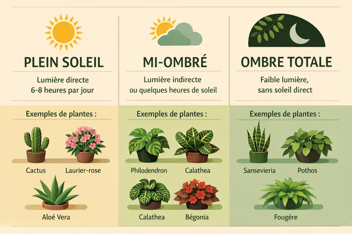 Infographie illustrant les différents types d'exposition lumineuse (soleil, mi-ombre, ombre) et les plantes adaptées.