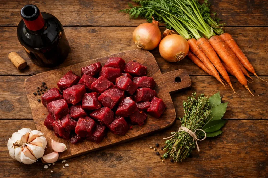 Ingrédients du civet de sanglier disposés sur une table en bois rustique : morceaux de viande de sanglier, bouteille de vin rouge, carottes, oignons, ail et bouquet garni.Recette Civet de Sanglier